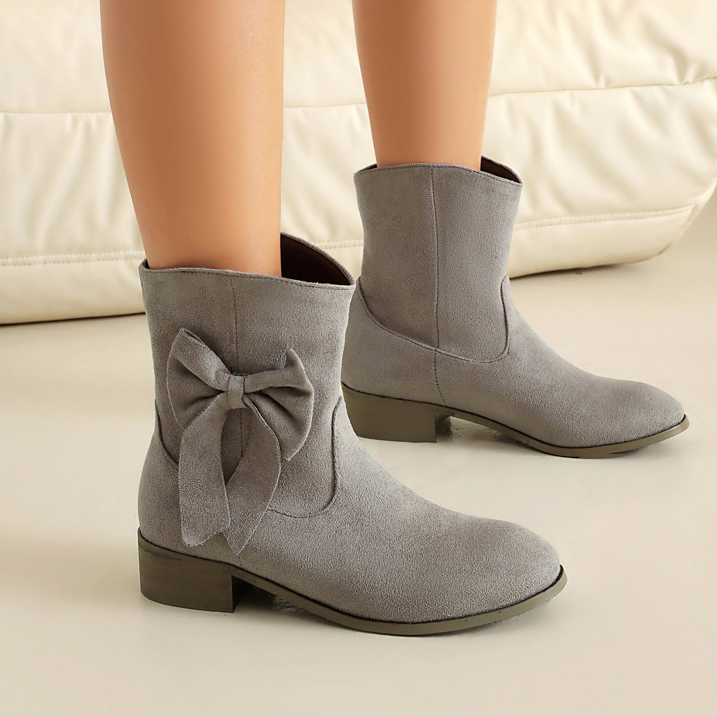 Ashford | Kirsty – Women’s Short Suede-Inspired Boots with Decorative Bow – Low Heel