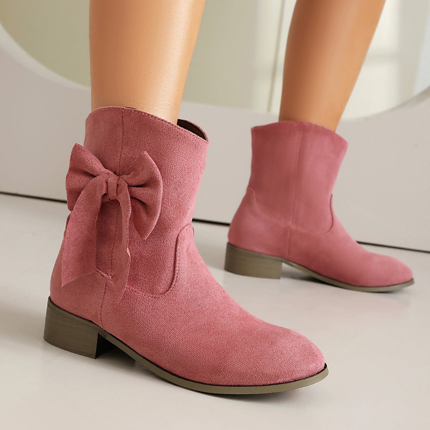 Ashford | Kirsty – Women’s Short Suede-Inspired Boots with Decorative Bow – Low Heel
