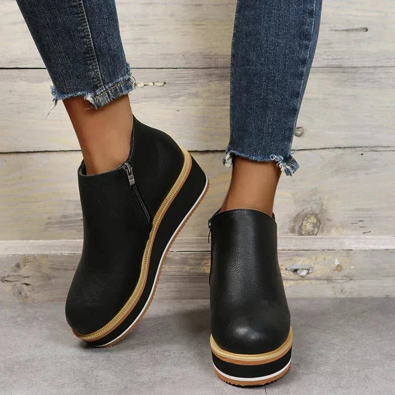 Ashford | Linnea – Women’s PU Leather Platform Ankle Boots with Side Zip & Snug Fit