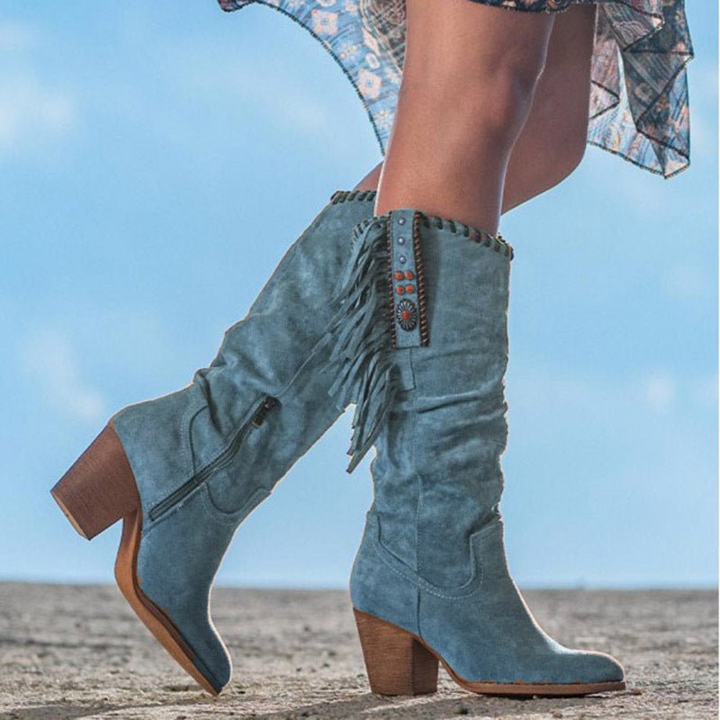 Ashford | Lyanna – Women’s Knee-High Faux Suede Boots with Fringe & Block Heel