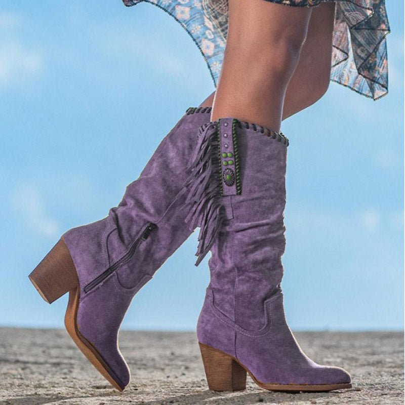 Ashford | Lyanna – Women’s Knee-High Faux Suede Boots with Fringe & Block Heel