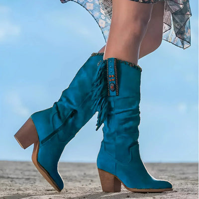 Ashford | Morag – Women’s Mid-Calf Suede Fringe Boots – Block Heel – Western Boho Style