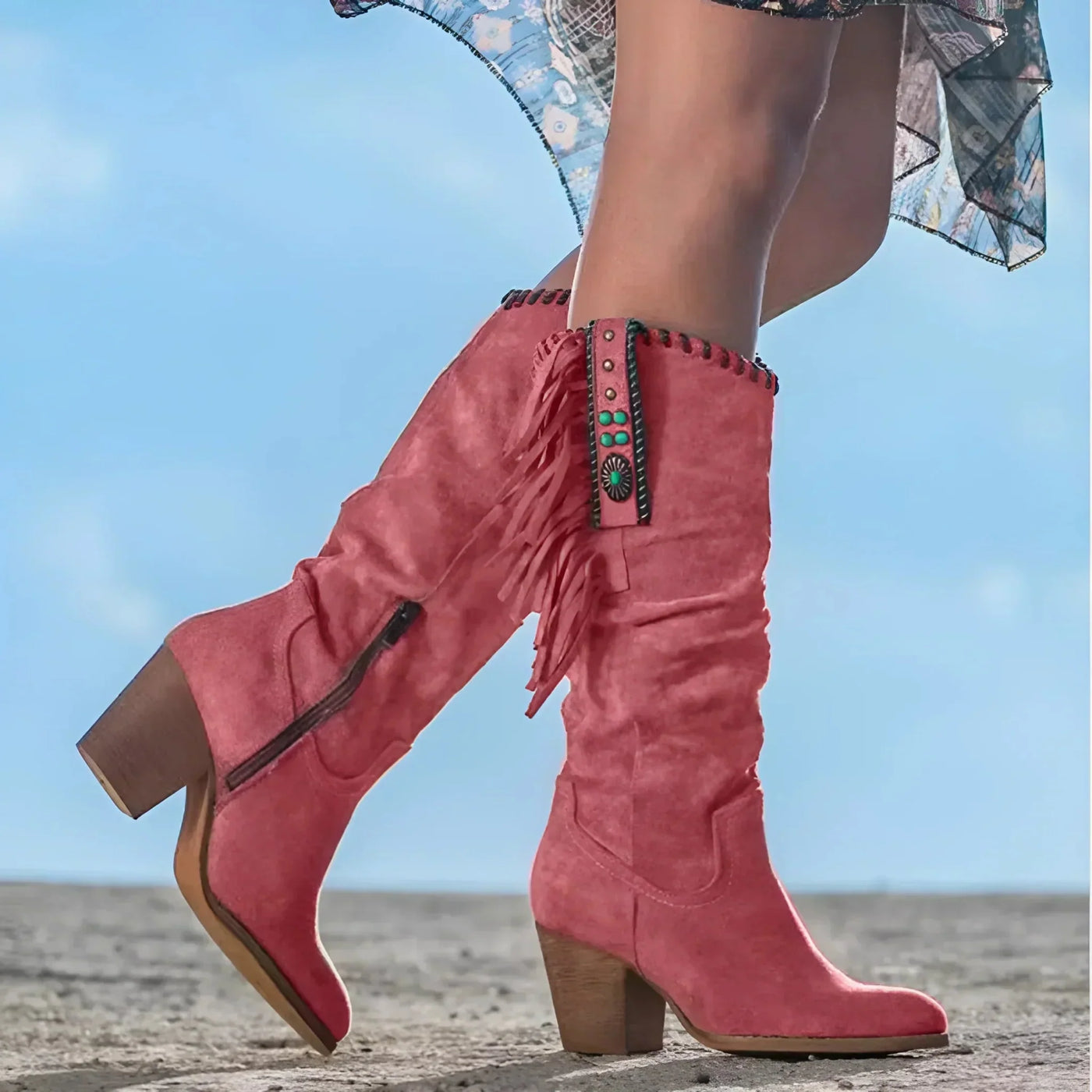 Ashford | Morag – Women’s Mid-Calf Suede Fringe Boots – Block Heel – Western Boho Style