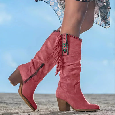 Ashford | Morag – Women’s Mid-Calf Suede Fringe Boots – Block Heel – Western Boho Style