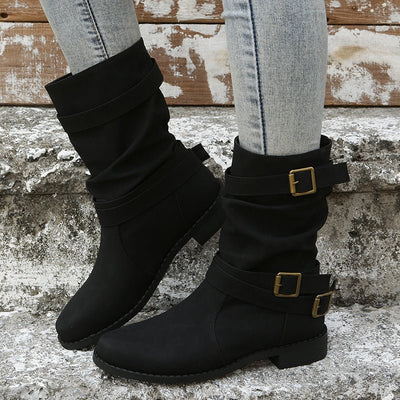 Ashford | Noelia – Women’s Casual Buckle Strap Mid-Calf Boots with Low Block Heel