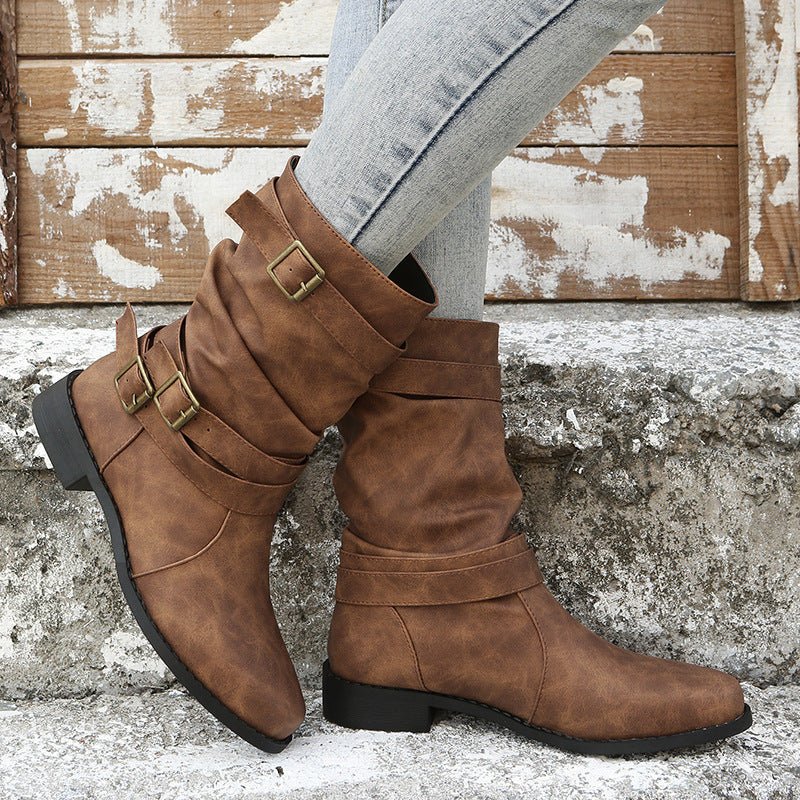 Ashford | Noelia – Women’s Casual Buckle Strap Mid-Calf Boots with Low Block Heel