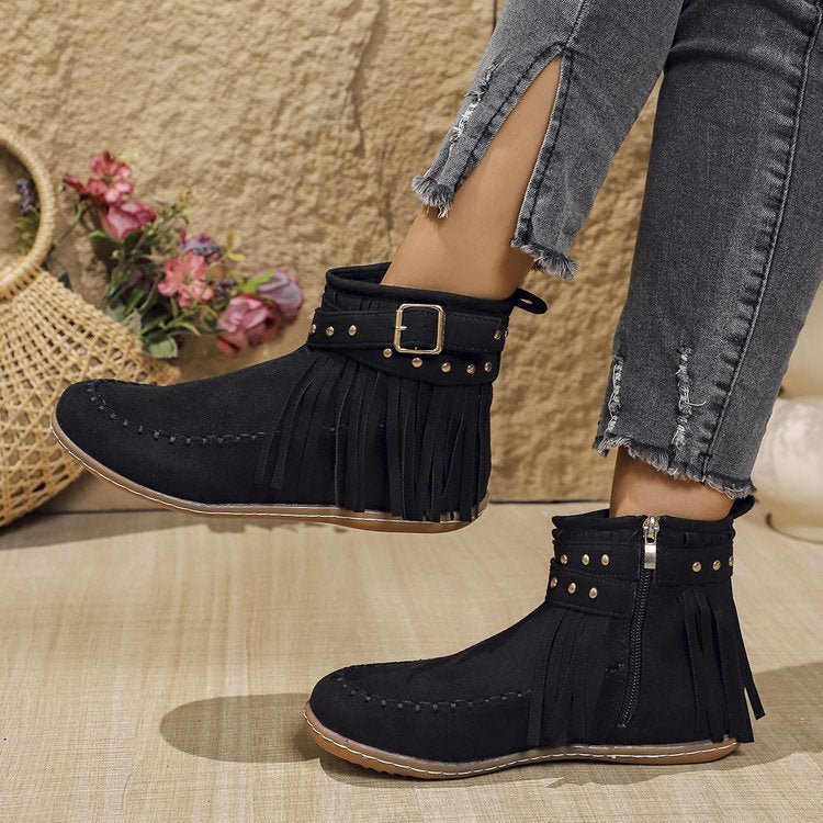 Ashford | Norelle – Women’s Ankle Boots with Suede Fringe, Studs & Side Zip