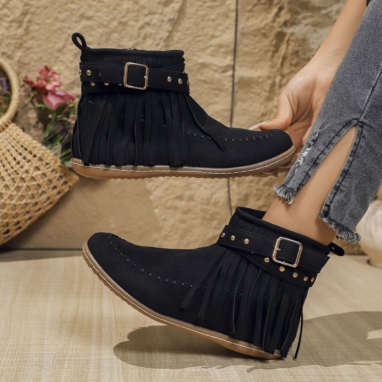 Ashford | Norelle – Women’s Ankle Boots with Suede Fringe, Studs & Side Zip
