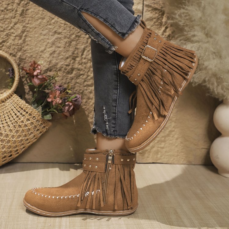 Ashford | Norelle – Women’s Ankle Boots with Suede Fringe, Studs & Side Zip