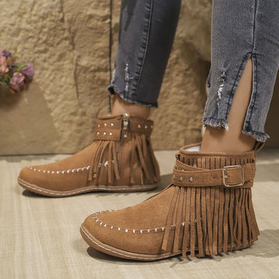 Ashford | Norelle – Women’s Ankle Boots with Suede Fringe, Studs & Side Zip