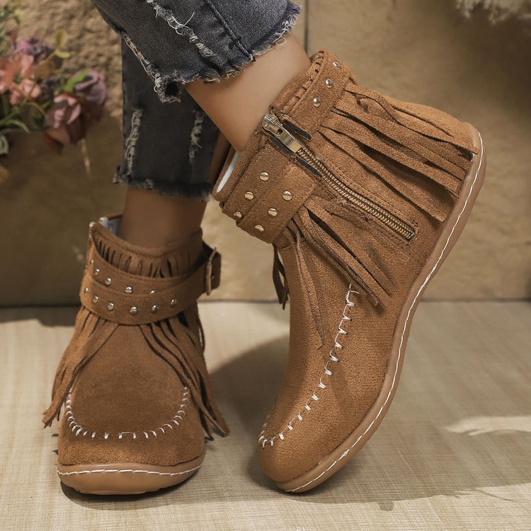Ashford | Norelle – Women’s Ankle Boots with Suede Fringe, Studs & Side Zip