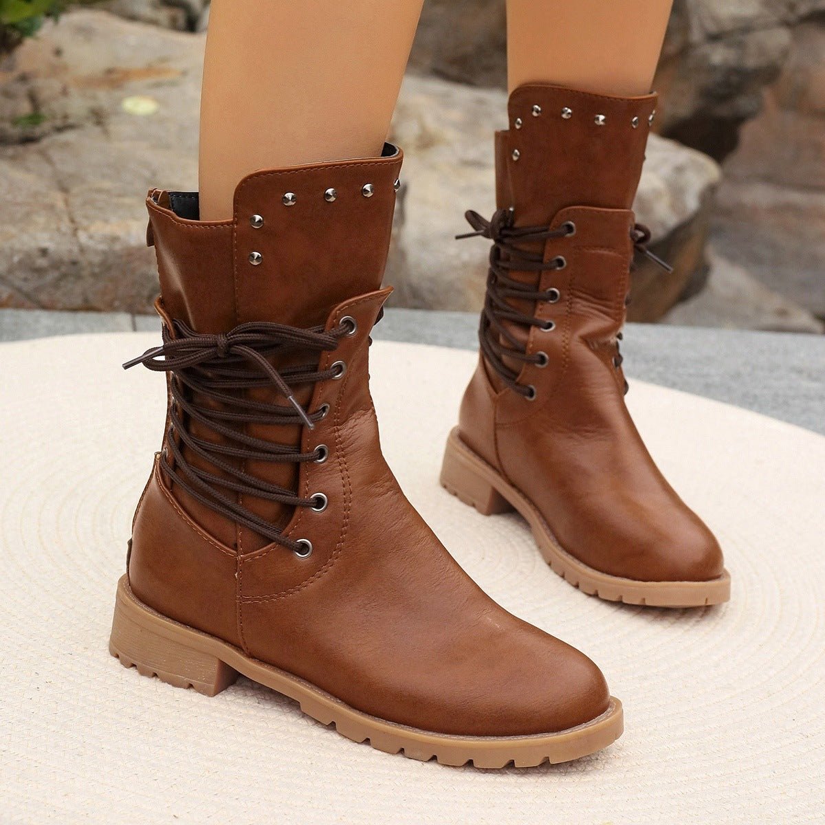 Ashford | Nyra – Women’s Lace-Up Mid-Calf Boots with Chunky Heel & Stud Detail