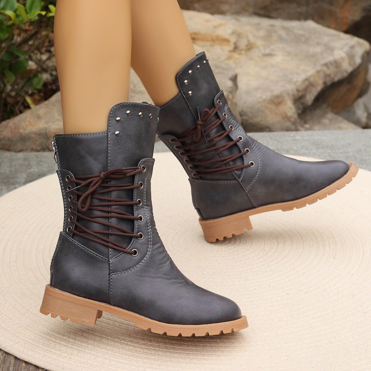 Ashford | Nyra – Women’s Lace-Up Mid-Calf Boots with Chunky Heel & Stud Detail