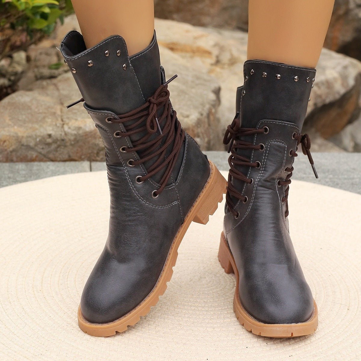 Ashford | Nyra – Women’s Lace-Up Mid-Calf Boots with Chunky Heel & Stud Detail