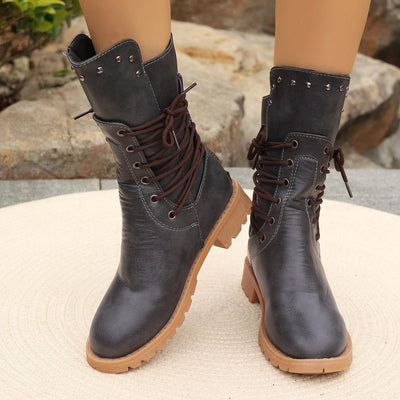Ashford | Nyra – Women’s Lace-Up Mid-Calf Boots with Chunky Heel & Stud Detail