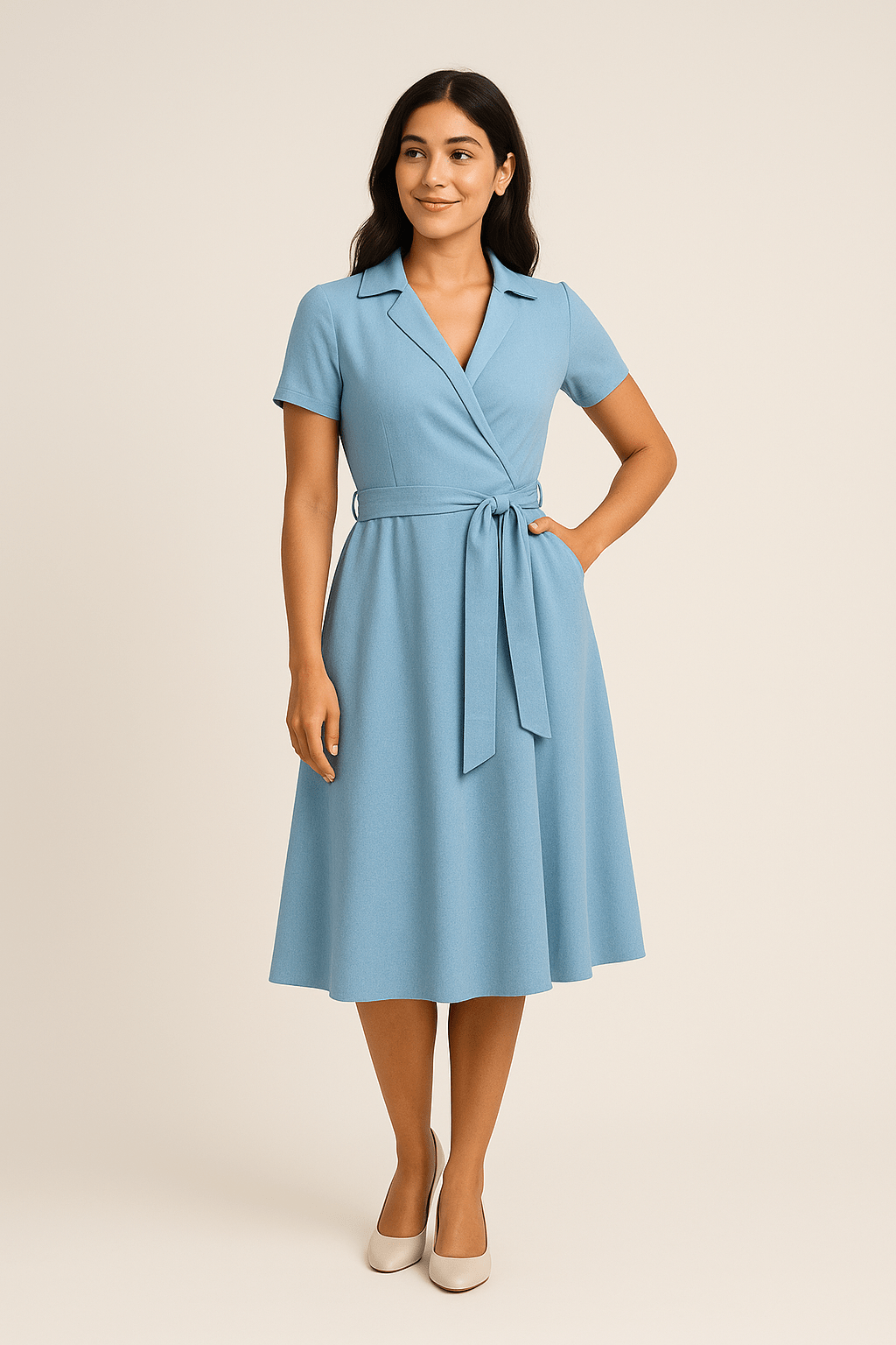 Ashford | Off Shoulder Cotton A - Line Dress – Belted Waist and 3/4 Sleeves for Women - Ashford London Clothing