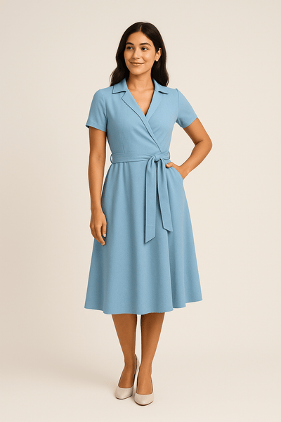 Ashford | Off Shoulder Cotton A - Line Dress – Belted Waist and 3/4 Sleeves for Women - Ashford London Clothing