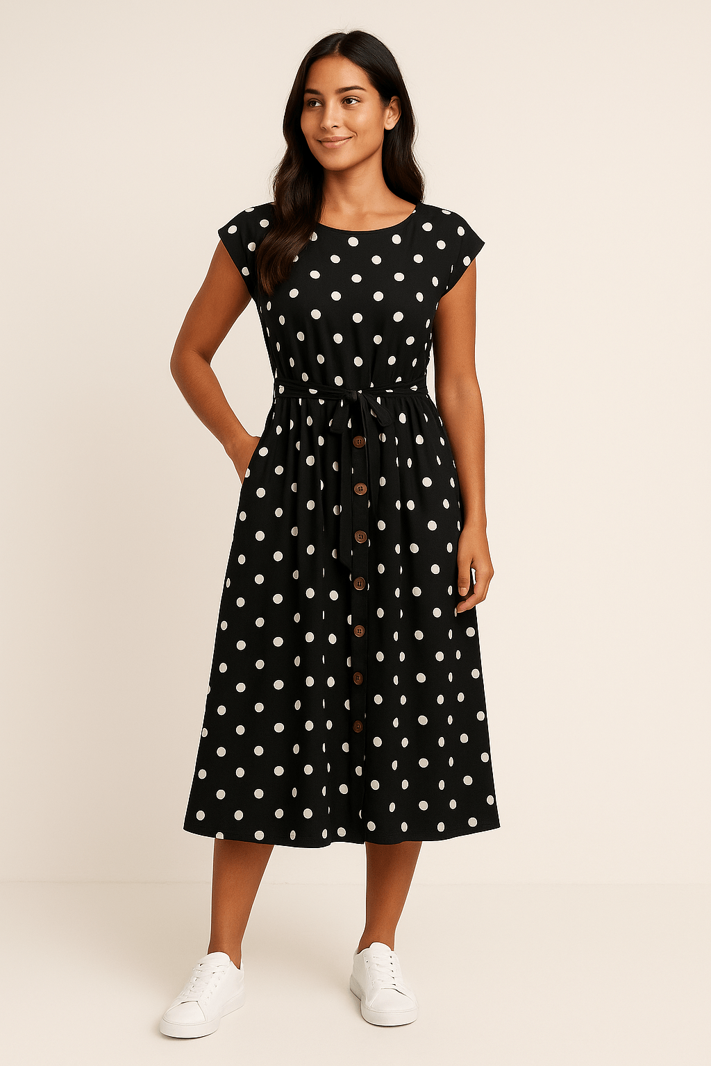 Ashford | Polka Dot A - Line Midi Dress – Crew Neck with Waist Belt for Women - Ashford London Clothing