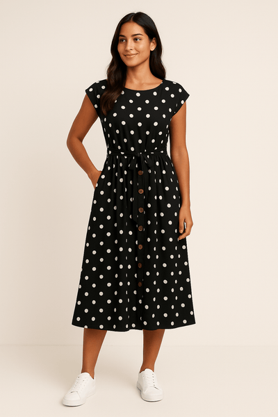 Ashford | Polka Dot A - Line Midi Dress – Crew Neck with Waist Belt for Women - Ashford London Clothing