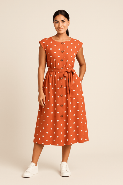 Ashford | Polka Dot A - Line Midi Dress – Crew Neck with Waist Belt for Women - Ashford London Clothing