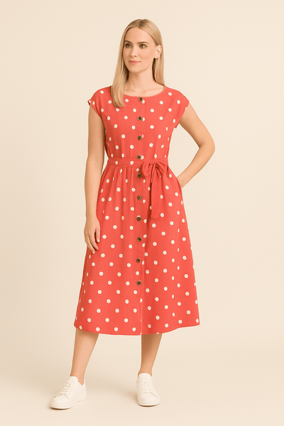 Ashford | Polka Dot A - Line Midi Dress – Crew Neck with Waist Belt for Women - Ashford London Clothing