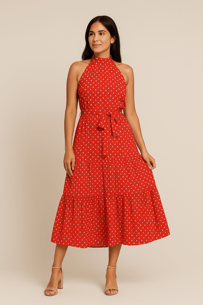 Ashford | Polka Dot Halter Maxi Dress – Flowing Sleeveless Summer Style for Women - Ashford London Clothing