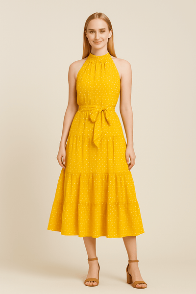 Ashford | Polka Dot Halter Maxi Dress – Flowing Sleeveless Summer Style for Women - Ashford London Clothing