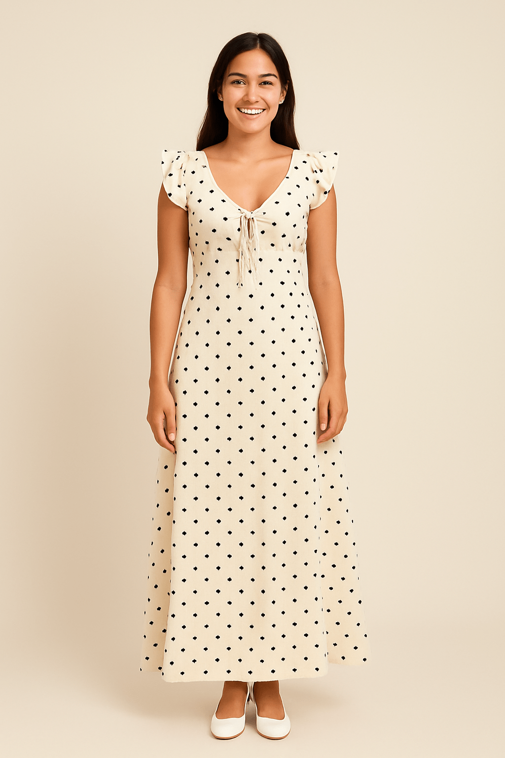 Ashford | Polka Dot V - Neck Ruffle Maxi Dress for Women - Ashford London Clothing