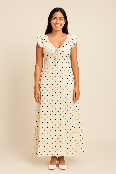 Ashford | Polka Dot V - Neck Ruffle Maxi Dress for Women - Ashford London Clothing