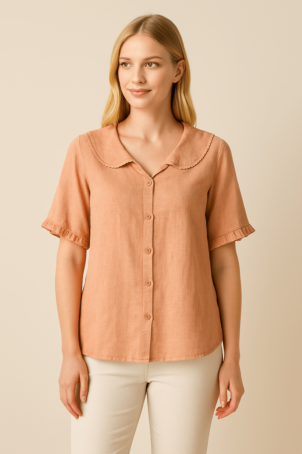 Ashford | Poppy Doll Retro Cotton - Linen Shirt with Doll Collar – Short Sleeves - Ashford London Clothing