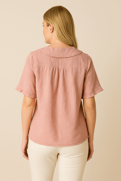 Ashford | Poppy Doll Retro Cotton - Linen Shirt with Doll Collar – Short Sleeves - Ashford London Clothing