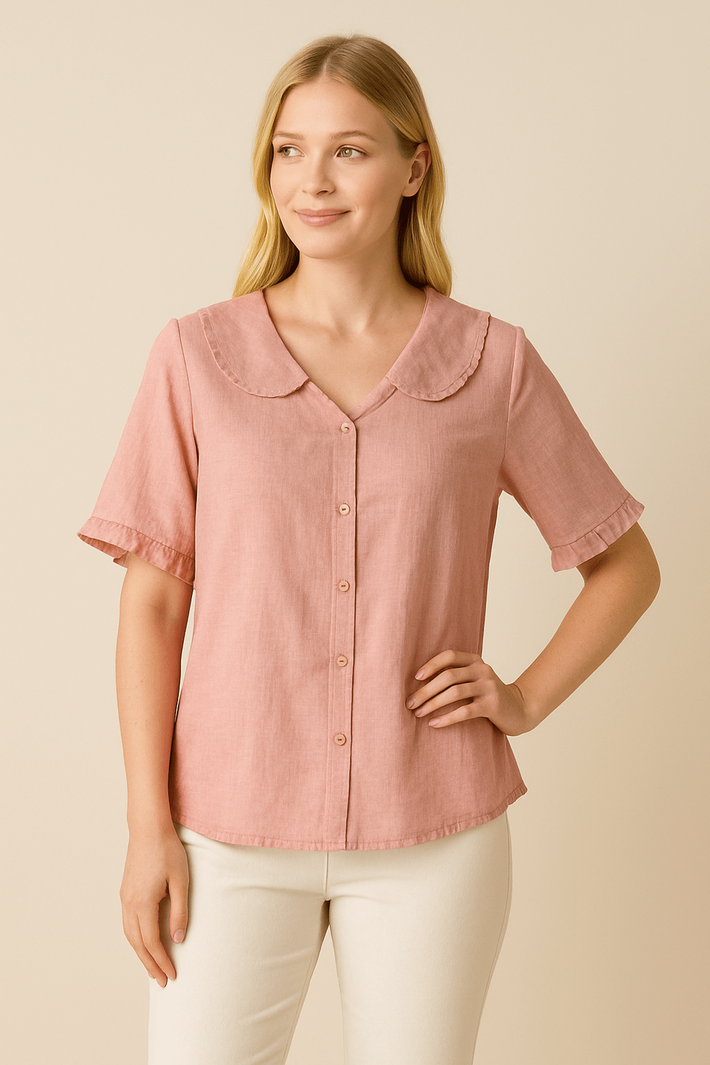 Ashford | Poppy Doll Retro Cotton - Linen Shirt with Doll Collar – Short Sleeves - Ashford London Clothing