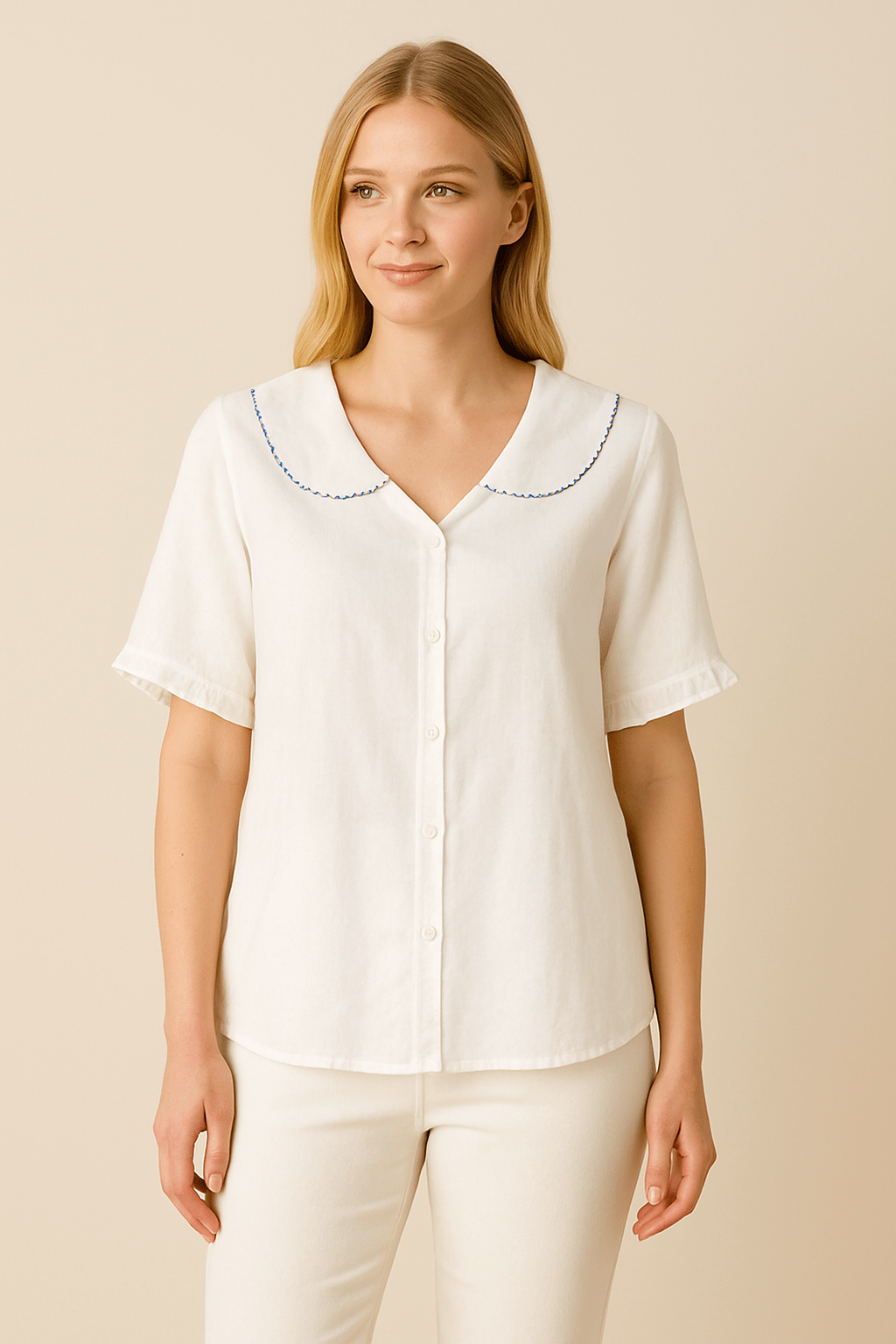 Ashford | Poppy Doll Retro Cotton - Linen Shirt with Doll Collar – Short Sleeves - Ashford London Clothing