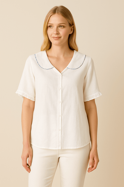Ashford | Poppy Doll Retro Cotton - Linen Shirt with Doll Collar – Short Sleeves - Ashford London Clothing
