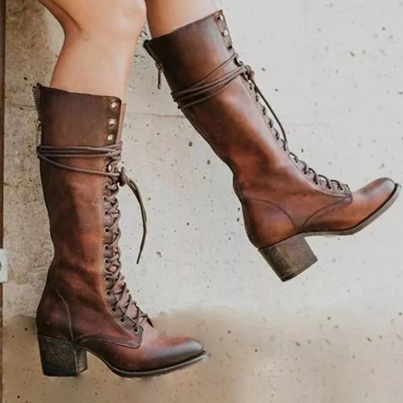 Ashford | Renata – Women’s Knee-High PU Leather Boots with Lace-Up Front & Chunky Heel