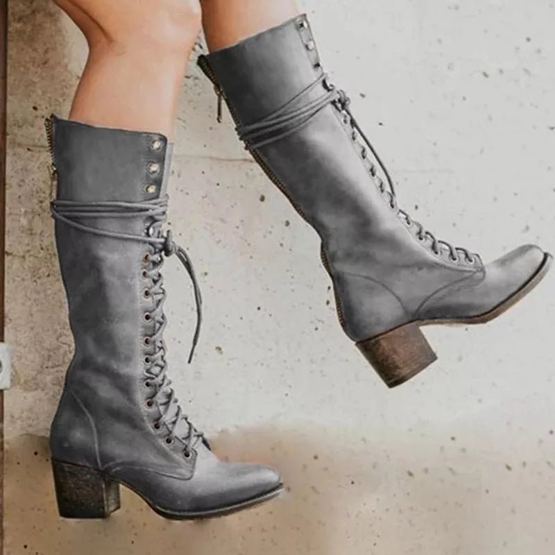 Ashford | Renata – Women’s Knee-High PU Leather Boots with Lace-Up Front & Chunky Heel