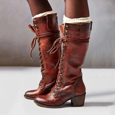 Ashford | Renata – Women’s Knee-High PU Leather Boots with Lace-Up Front & Chunky Heel