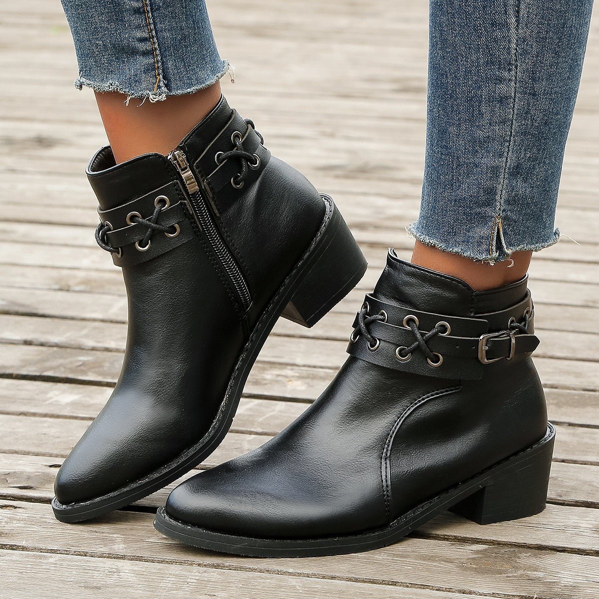 Ashford | Renée – Women’s PU Leather Ankle Boots with Buckle, Laces & Block Heel