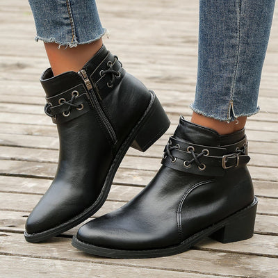 Ashford | Renée – Women’s PU Leather Ankle Boots with Buckle, Laces & Block Heel