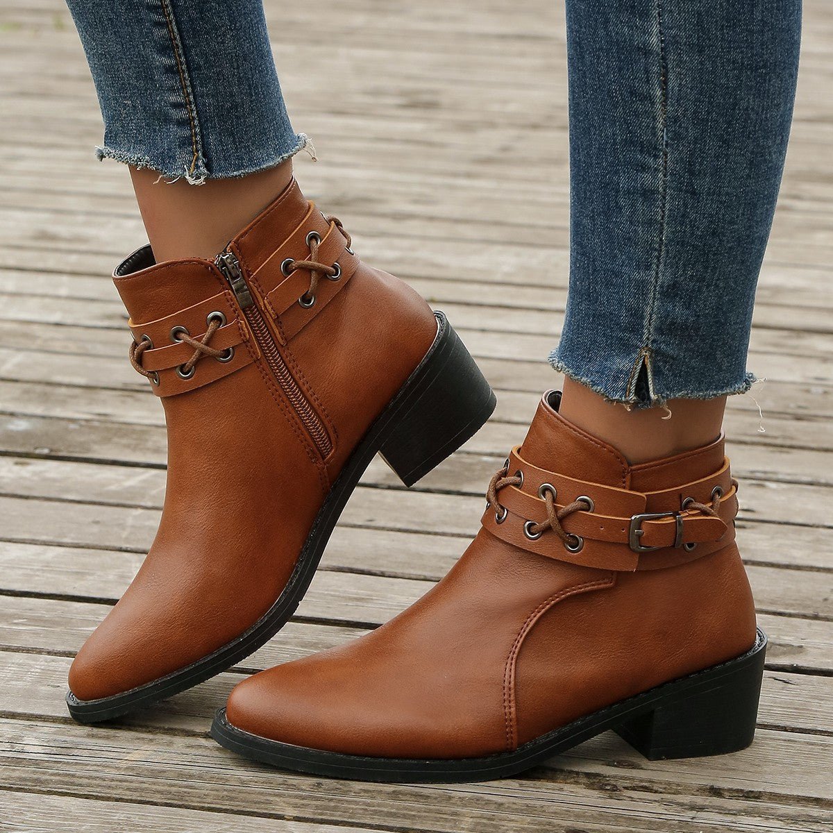 Ashford | Renée – Women’s PU Leather Ankle Boots with Buckle, Laces & Block Heel