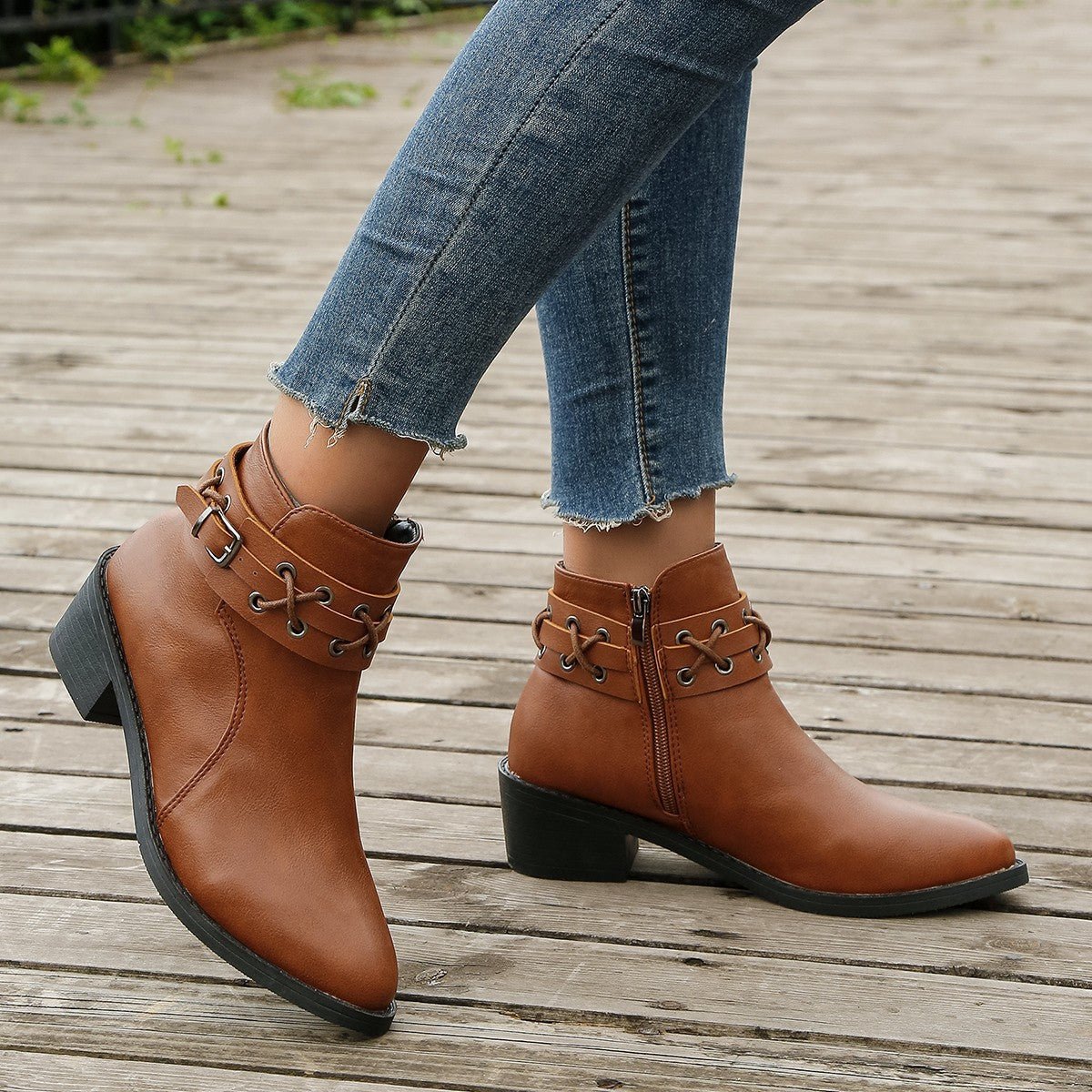 Ashford | Renée – Women’s PU Leather Ankle Boots with Buckle, Laces & Block Heel