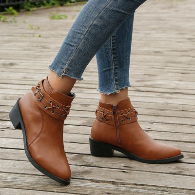 Ashford | Renée – Women’s PU Leather Ankle Boots with Buckle, Laces & Block Heel