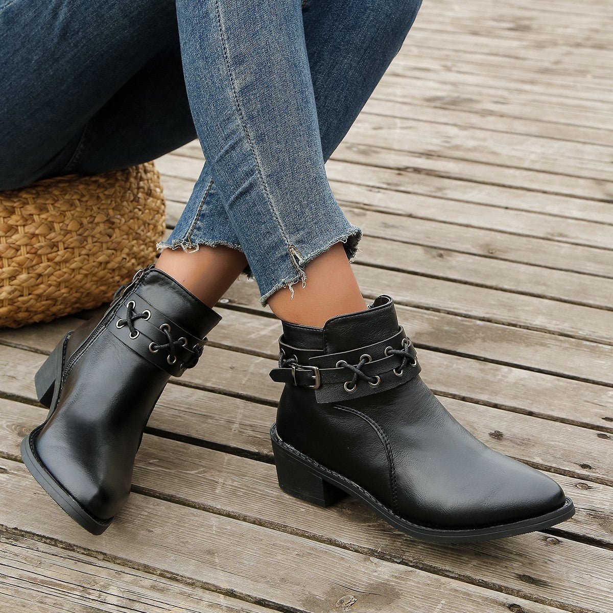 Ashford | Renée – Women’s PU Leather Ankle Boots with Buckle, Laces & Block Heel