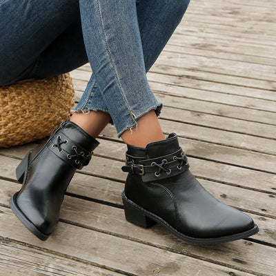 Ashford | Renée – Women’s PU Leather Ankle Boots with Buckle, Laces & Block Heel