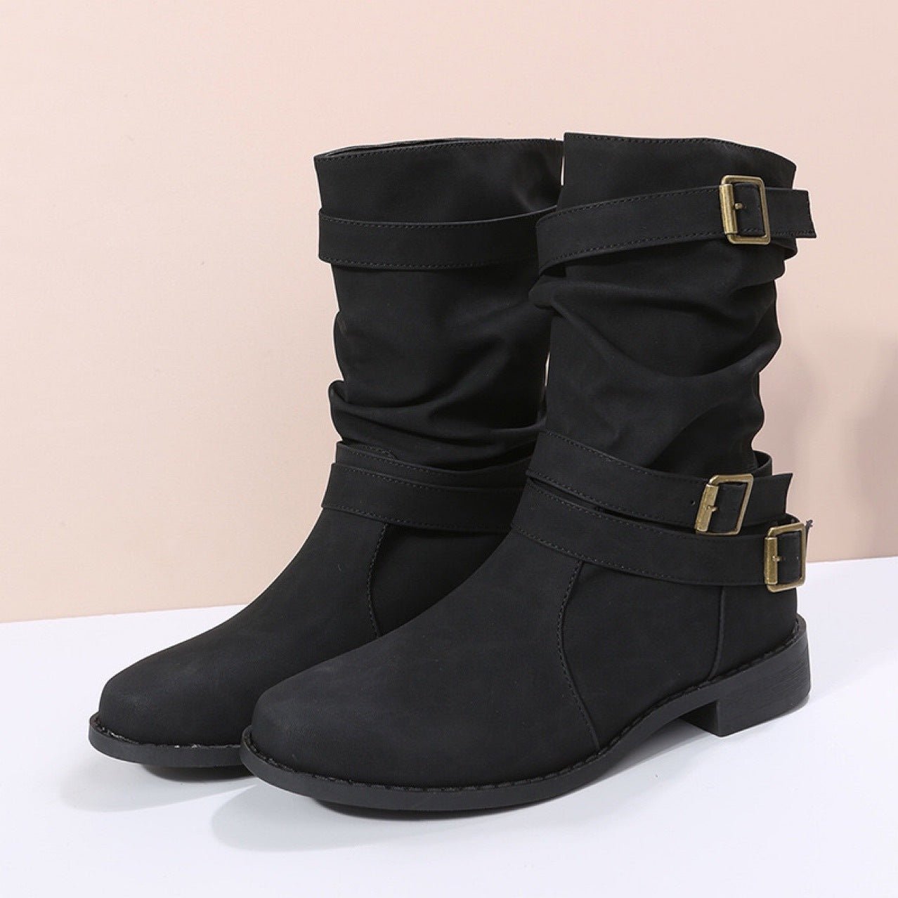 Ashford | Romina – Women’s Buckle Strap Mid-Calf Boots with Chunky Heel & Round Toe