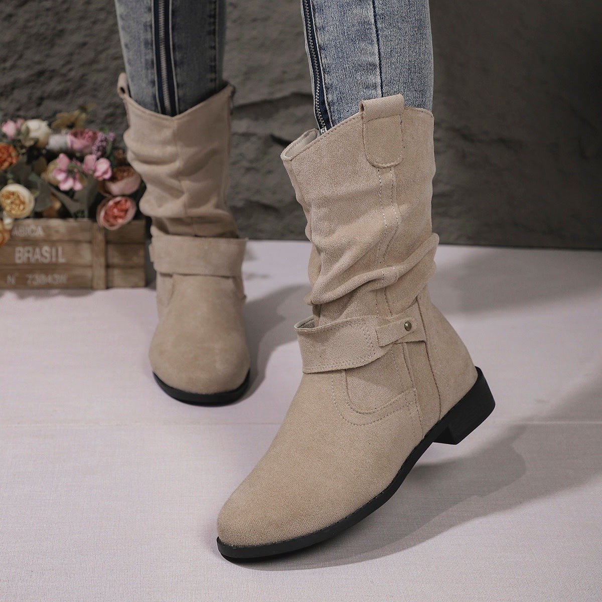 Ashford | Sienna – Women’s Slouched Suede Mid-Calf Boots with Block Heel & Zip