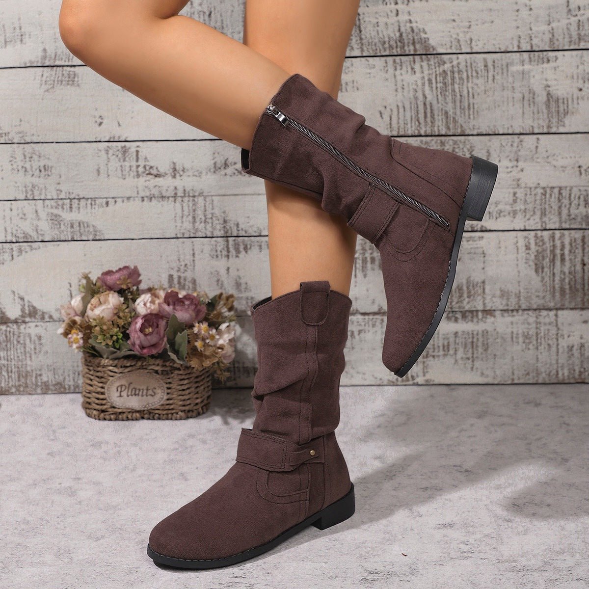 Ashford | Sienna – Women’s Slouched Suede Mid-Calf Boots with Block Heel & Zip