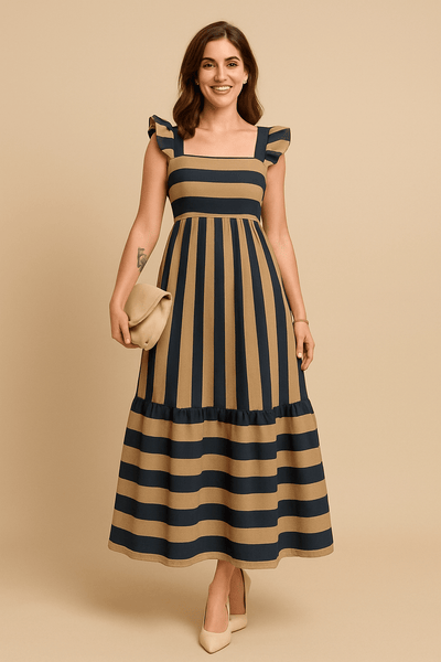 Ashford | Striped Maxi Dress with Ruffle Straps and Square Neck - Ashford London Clothing