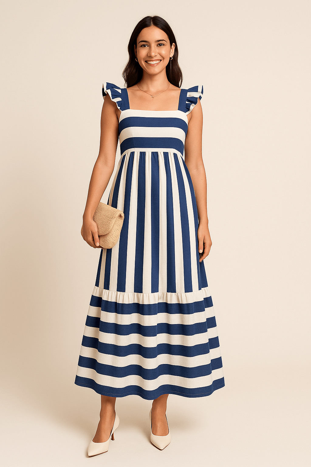 Ashford | Striped Maxi Dress with Ruffle Straps and Square Neck - Ashford London Clothing