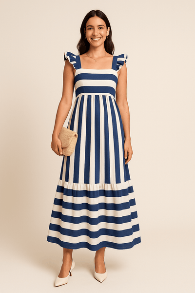 Ashford | Striped Maxi Dress with Ruffle Straps and Square Neck - Ashford London Clothing